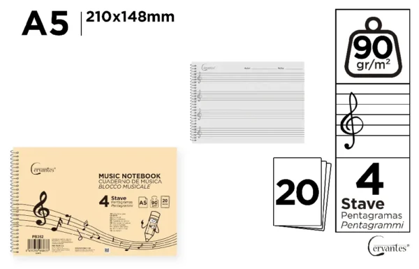 MUSIC NOTEBOOK 4 STAVES A5 CERV