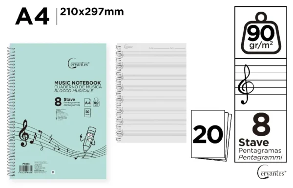 MUSIC NOTEBOOK 8 STAVES A4 CERV