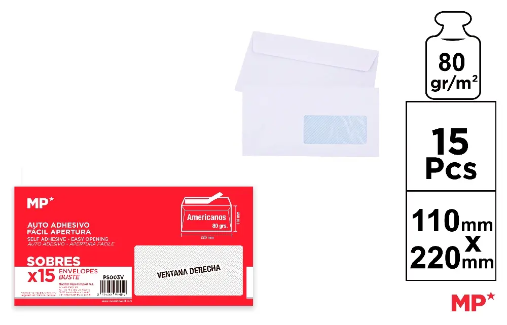ENVELOPE 110 x 220 mm WINDOW 15 pcs.