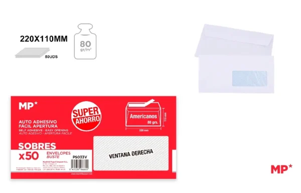 AMERICAN ENVELOPE 220 x 110 mm 50 Units.