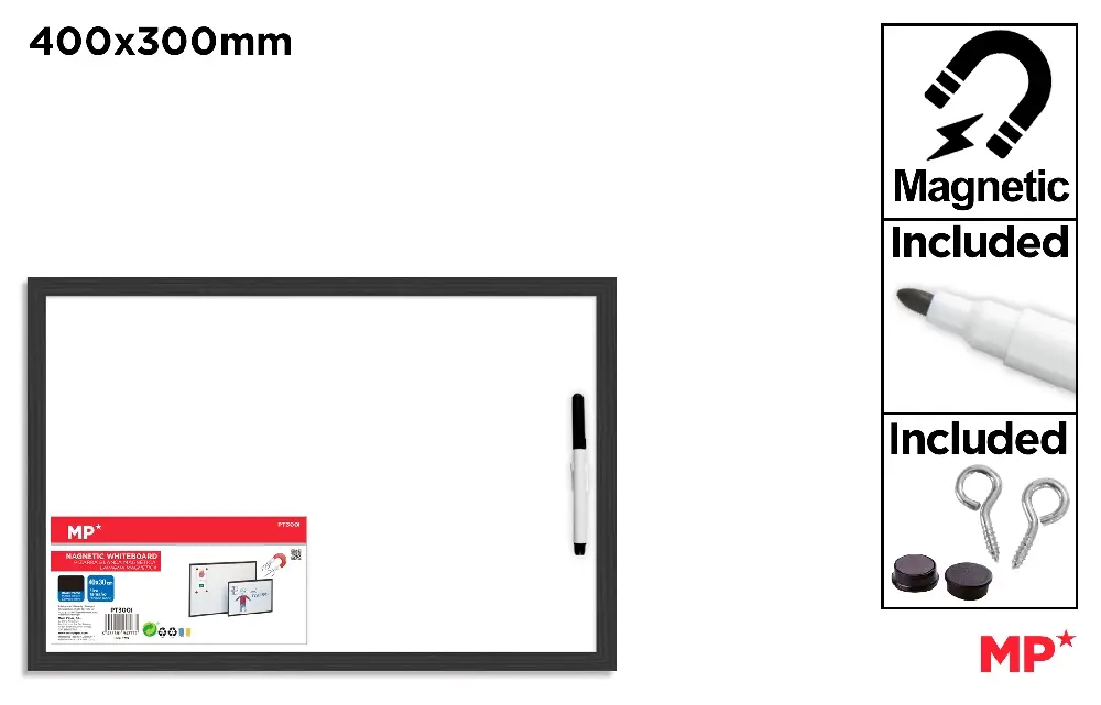 MAGNETIC WHITEBOARD BLACK FRAME 40 x 30