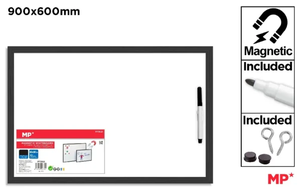 BLACK FRAME MAGNETIC WHITEBOARD 90 x 60.